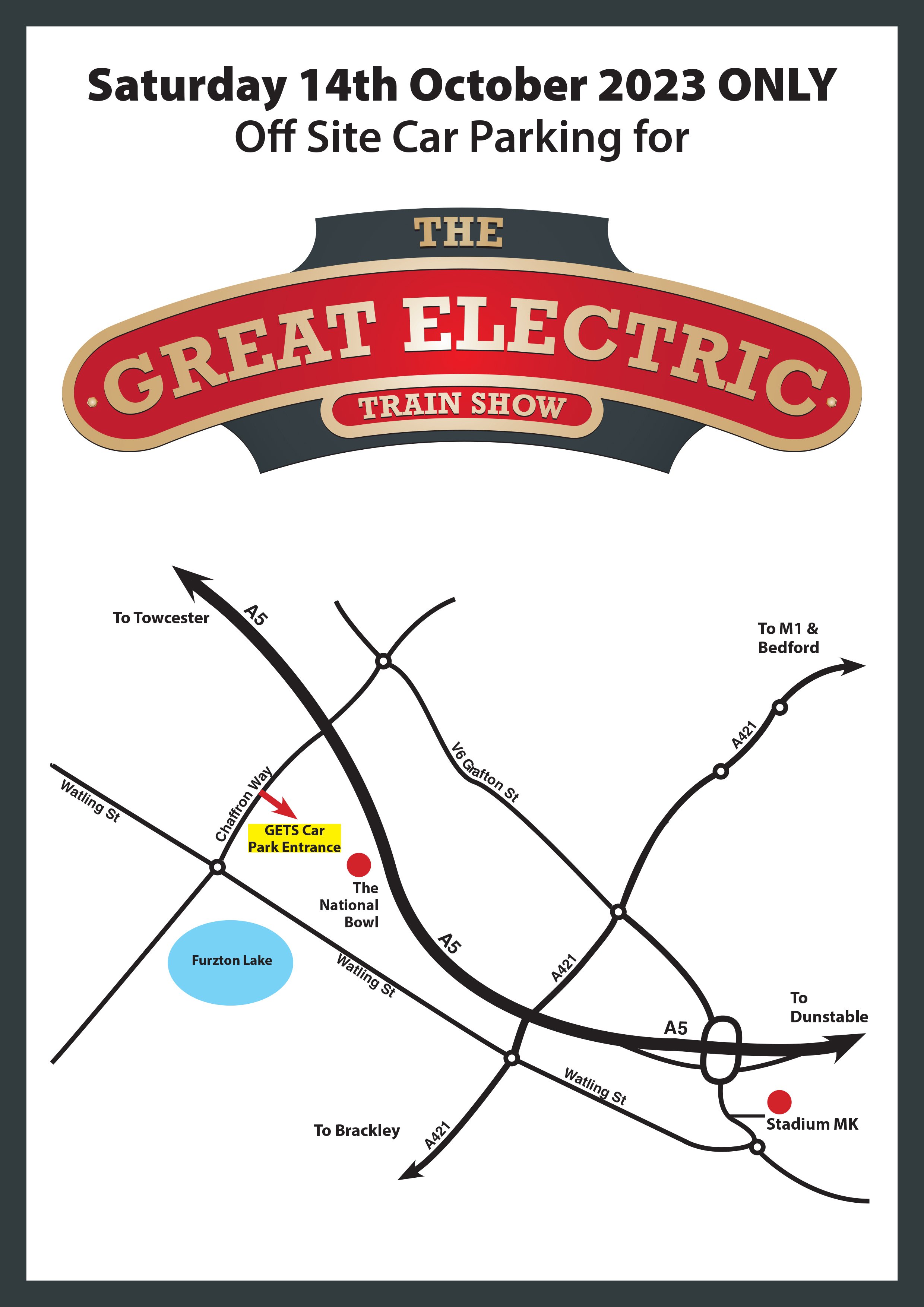 Great Electric Train Show parking location map - Saturday October 14 2023 only.