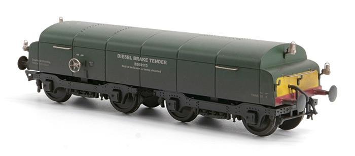 The latest batch of brake tenders includes weathered BR green B964113 with small yellow warning panels.