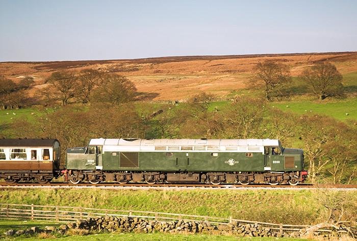 National Collection Class 40 D200 powers through Moorgates on the North Yorkshire Moors Railway heading for Pickering on May 5 2006.