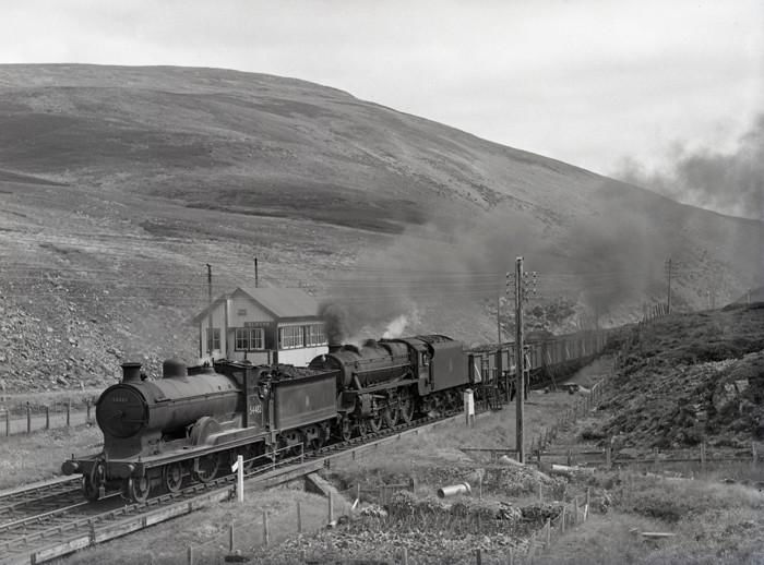 CR '72' class 4-4-0 No 54482  and black five No 44924 with down coal train in the crossing loop at Slochd summit in August 1959. Photo: W.J. Verden Anderson / Rail Archive Stephenson
