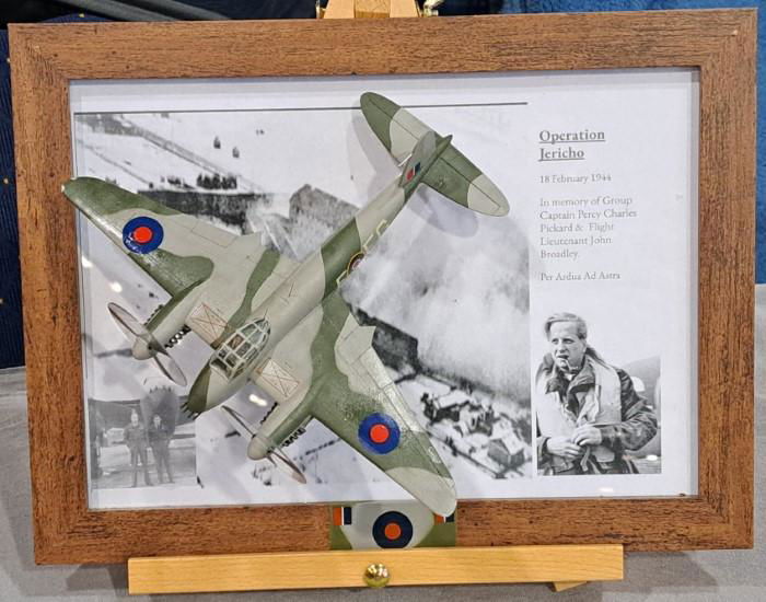 Above: The Wrexham Wings Model Club had a touching tribute to Op Jericho, with this splendid memorial build from Len Sarcevic comprising a combination of the Airfix and Hasegawa 1/72 Mosquito kits to produce the Mk.VI flown by Gp Capt Percy Charles Pickard, which was presented to his daughter on the 80th anniversary of this famous raid.