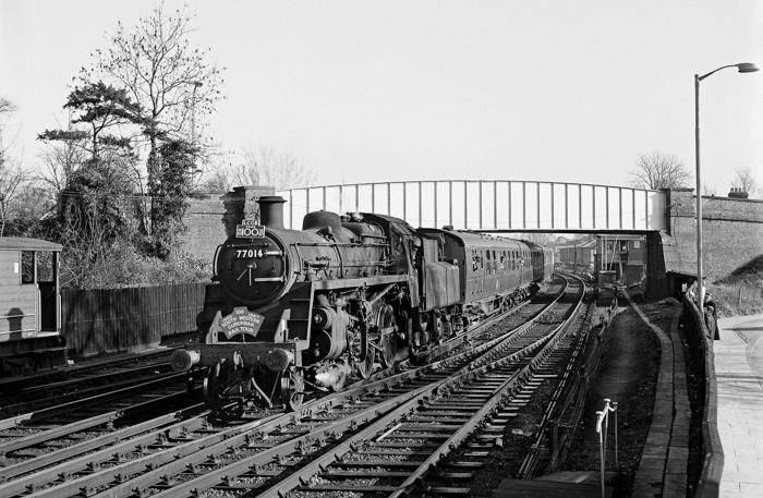 BR 3MT 2-6-0 No 77014 passes Staines Central with the LCGB 'South Western Suburban' rail tour bound for Windsor & Eton Riverside on 5th February 1967.Photo:  Brian Stephenson