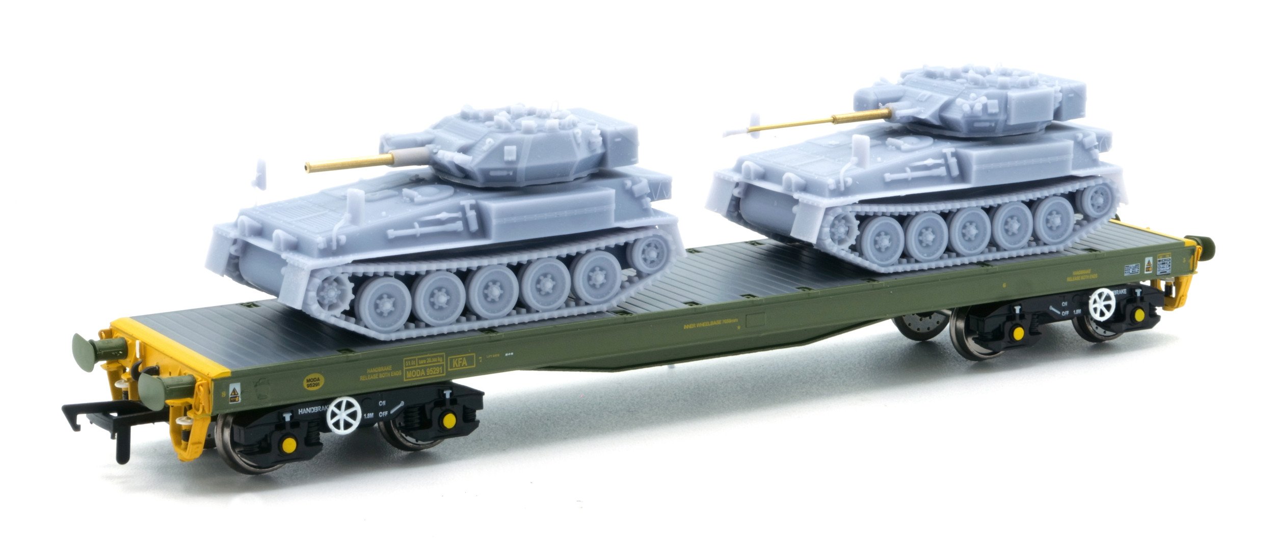 The FV101 Scorpion and FV107 Scimitar make ideal loads for OO gauge military trains.